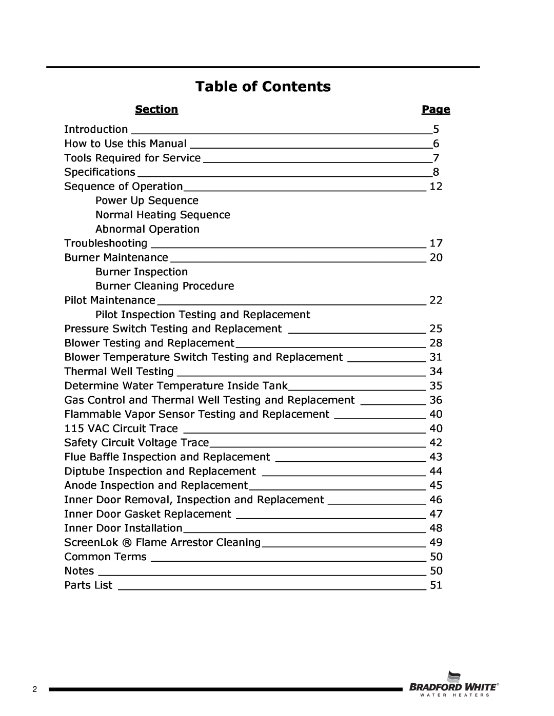 Bradford-White Corp U4TW60T*FRN, U4TW50T*FRN, U4TW40T*FRN service manual Section, Page, Table of Contents 