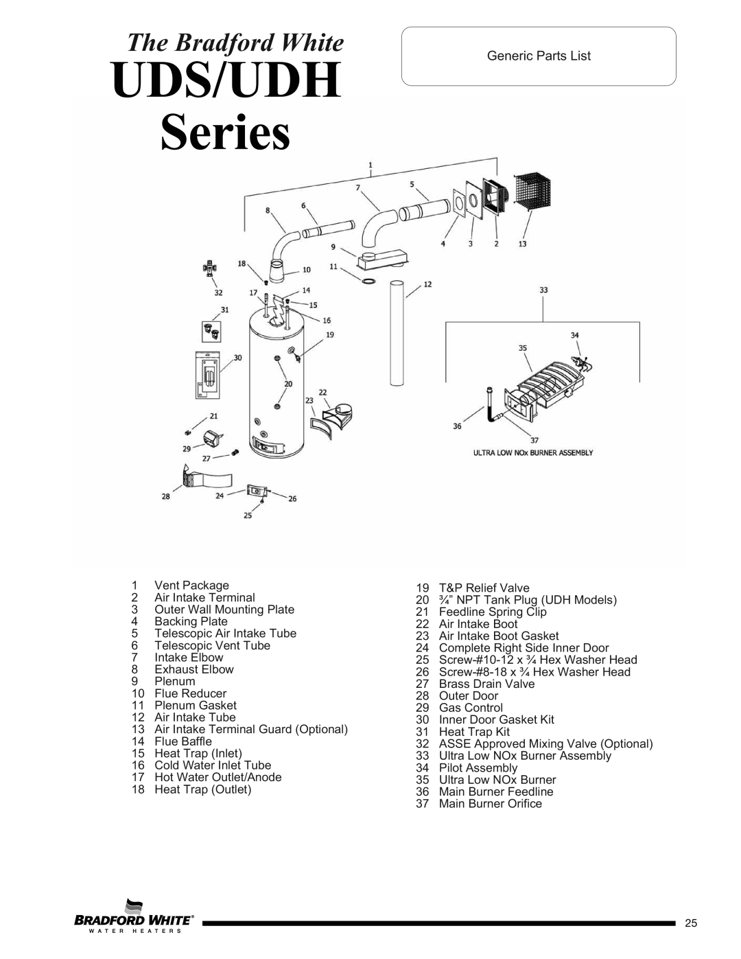 Bradford-White Corp UDS140S*FRN, UDH75T50FR*N, UDH165T*FRN, UDH1504T*FRN, UDH65T45FR*N, UDH175S*FRN Generic Parts List 