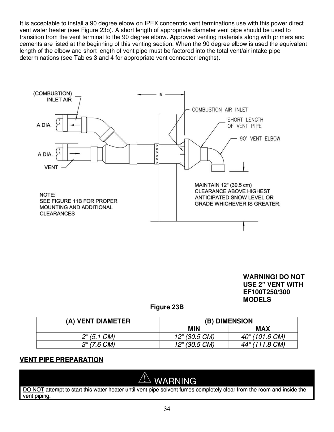 Bradford-White Corp 238-48384-00F Vent Pipe Preparation, Warning! Do Not, USE 2” VENT WITH, EF100T250/300, Models, B 
