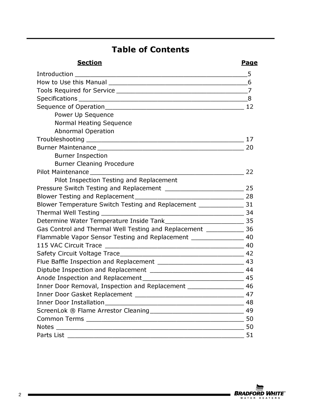 Bradford-White Corp U2TW50T*FRN, UTW450S60FR*N, UTW465S60FR*N, U2TW65T*FRN, U1TW60T*FRN, U1TW40S*FRN Table of Contents 