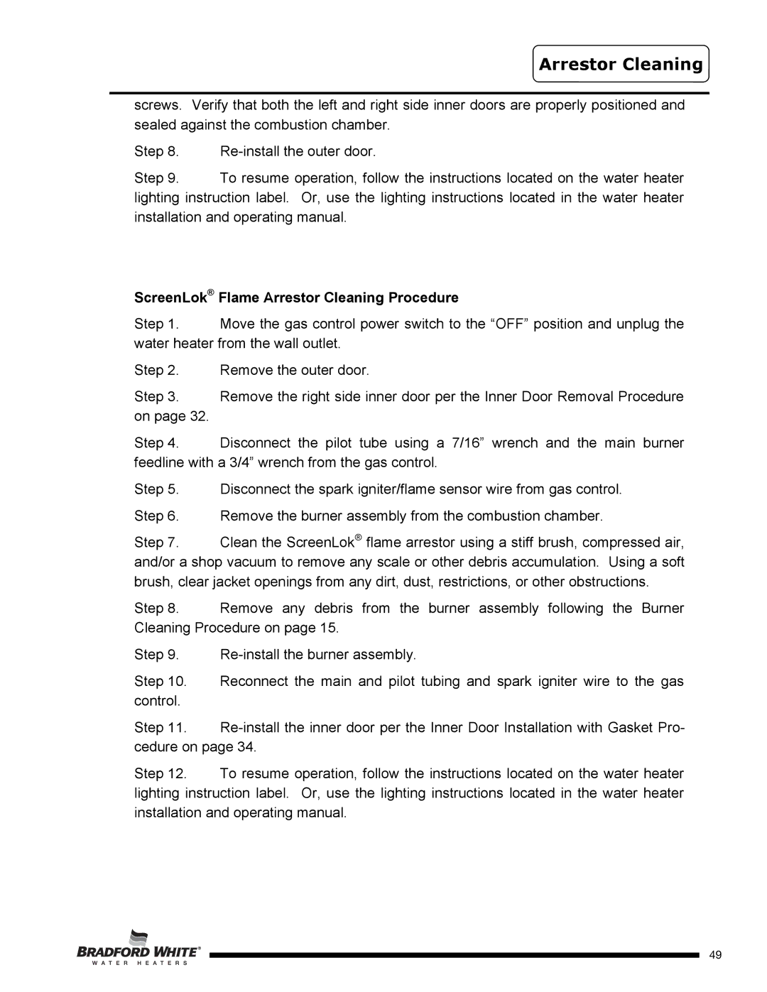 Bradford-White Corp UTW450S60FR*N, UTW465S60FR*N, U2TW50T*FRN, U2TW65T*FRN ScreenLok Flame Arrestor Cleaning Procedure 