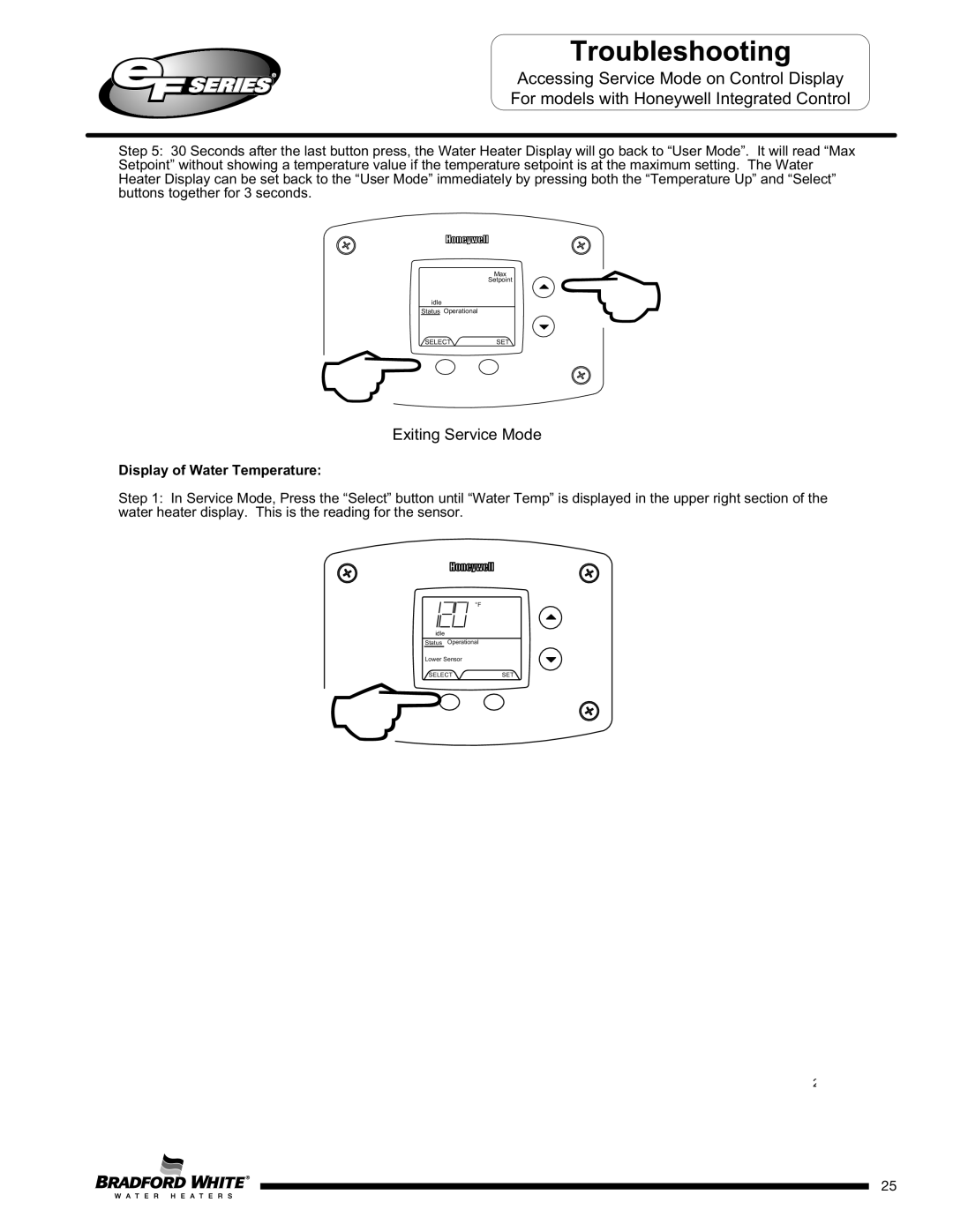 Bradford-White Corp EF100T300(E)*(N, X)(A)(2), EFR160T120*(EN, EF100T250(E)*(N, EF100T150(E)*(N ExitingSELECTServiceSETMode 