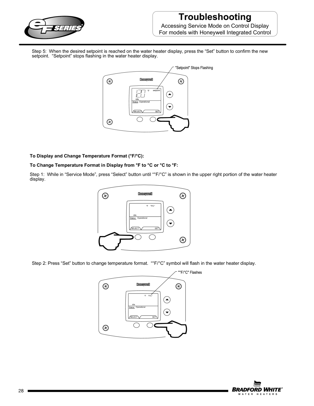 Bradford-White Corp EF60T125(E)*(N, X)(A)(2), EFR160T120*(EN, EF100T250(E)*(N service manual Setpoint Idle Status Operational 