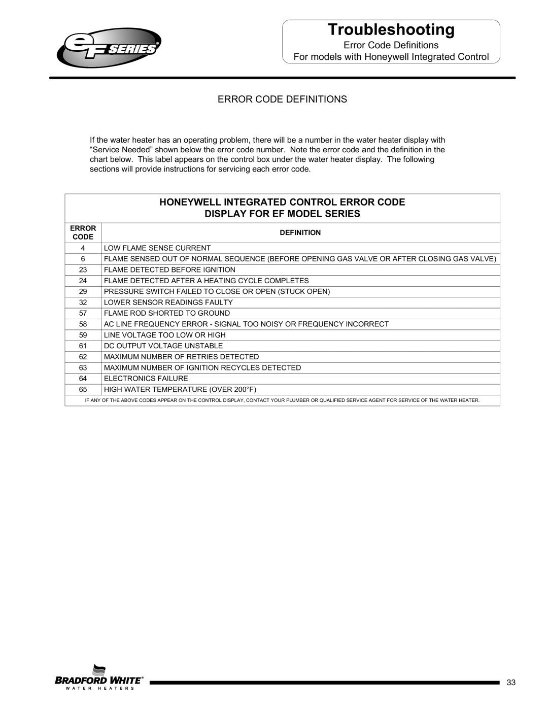 Bradford-White Corp EF100T150(E)*(N, X)(A)(2), EFR160T120*(EN, EF100T250(E)*(N Honeywell Integrated Control Error Code 