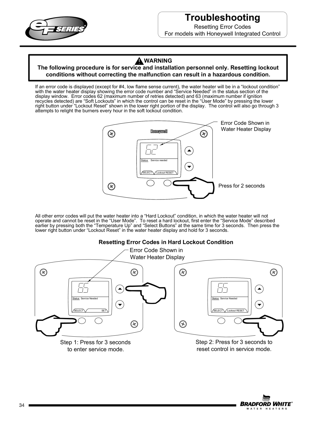 Bradford-White Corp EF100T199(E)*(N, X)(A)(2), EFR160T120*(EN service manual Resetting Error Codes in Hard Lockout Condition 