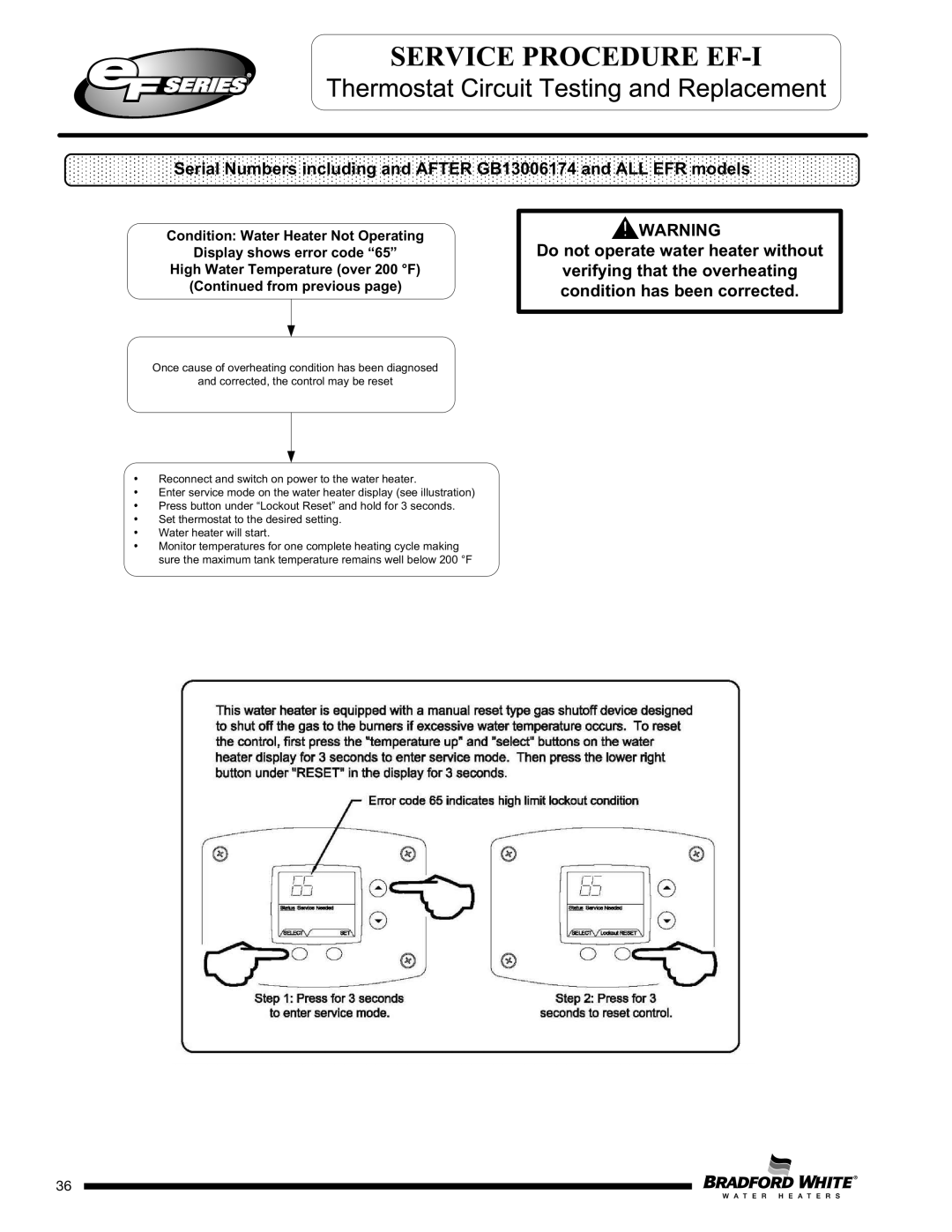 Bradford-White Corp EF60T199(E)*(N, X)(A)(2), EFR160T120*(EN, EF100T250(E)*(N Do not operate water heater without 
