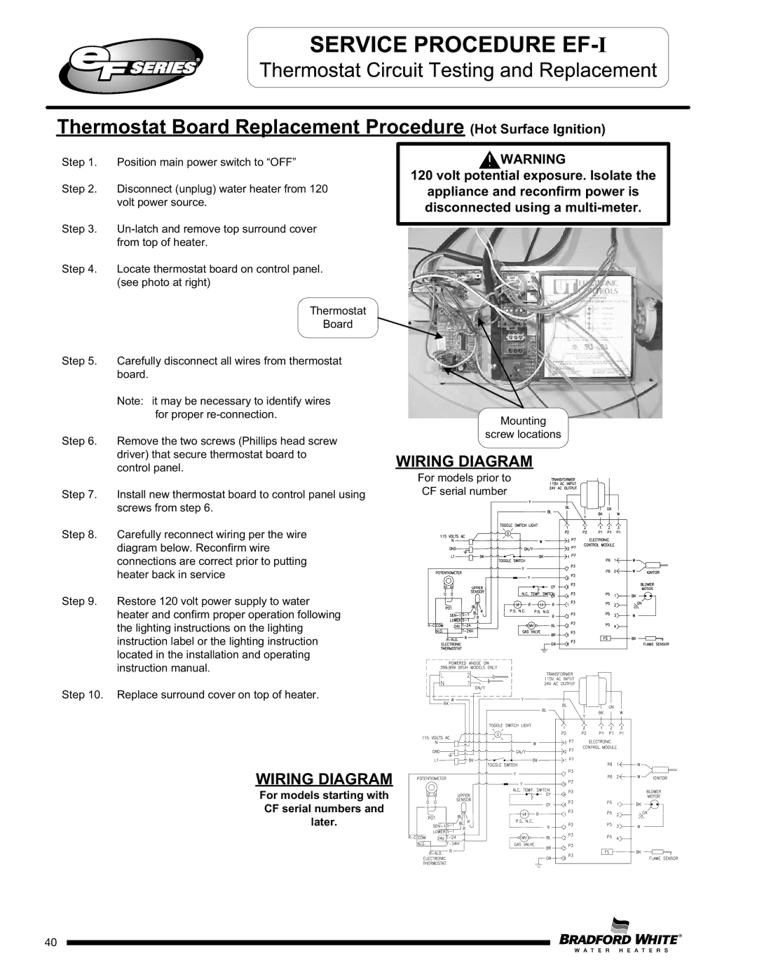 Bradford-White Corp X)(A)(2), EFR160T120*(EN Thermostat Board Replacement Procedure Hot Surface Ignition, Wiring Diagram 