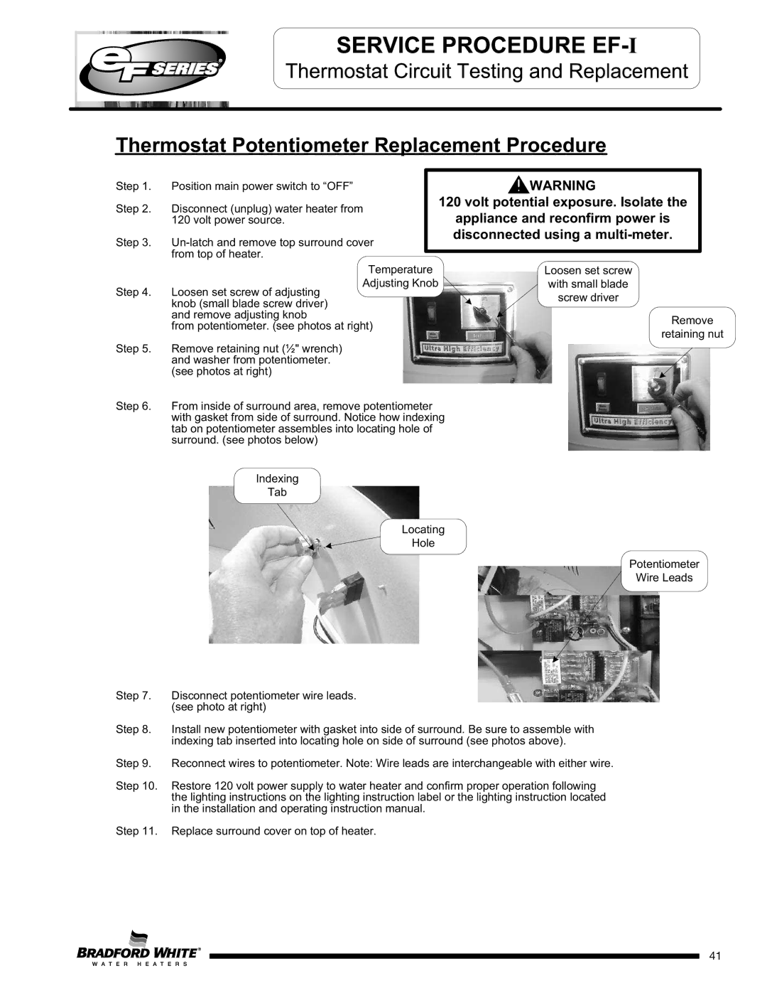 Bradford-White Corp EFR160T120*(EN Thermostat Potentiometer Replacement Procedure, Disconnected using a multi-meter 