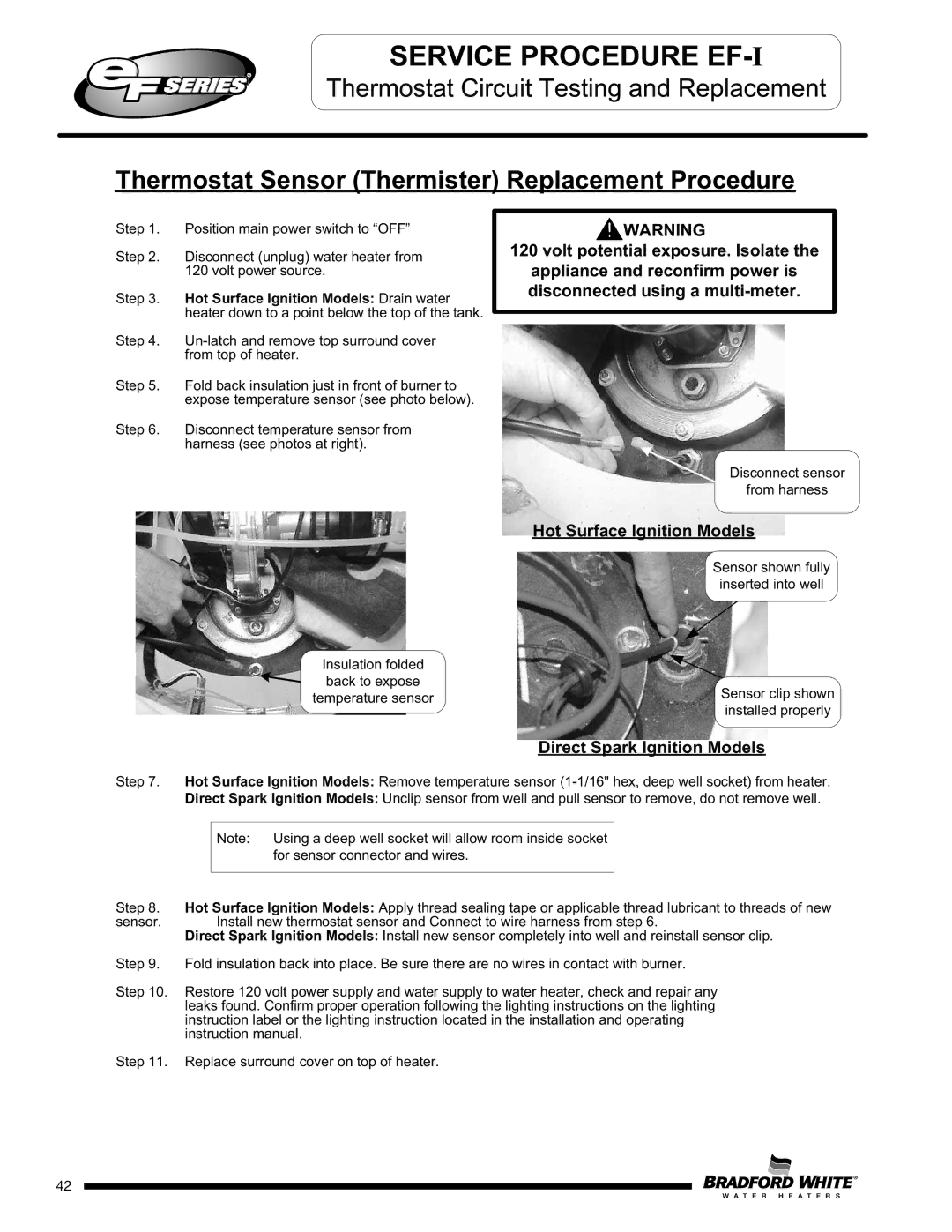 Bradford-White Corp EF100T250(E)*(N Thermostat Sensor Thermister Replacement Procedure, Volt potential exposure. Isolate 