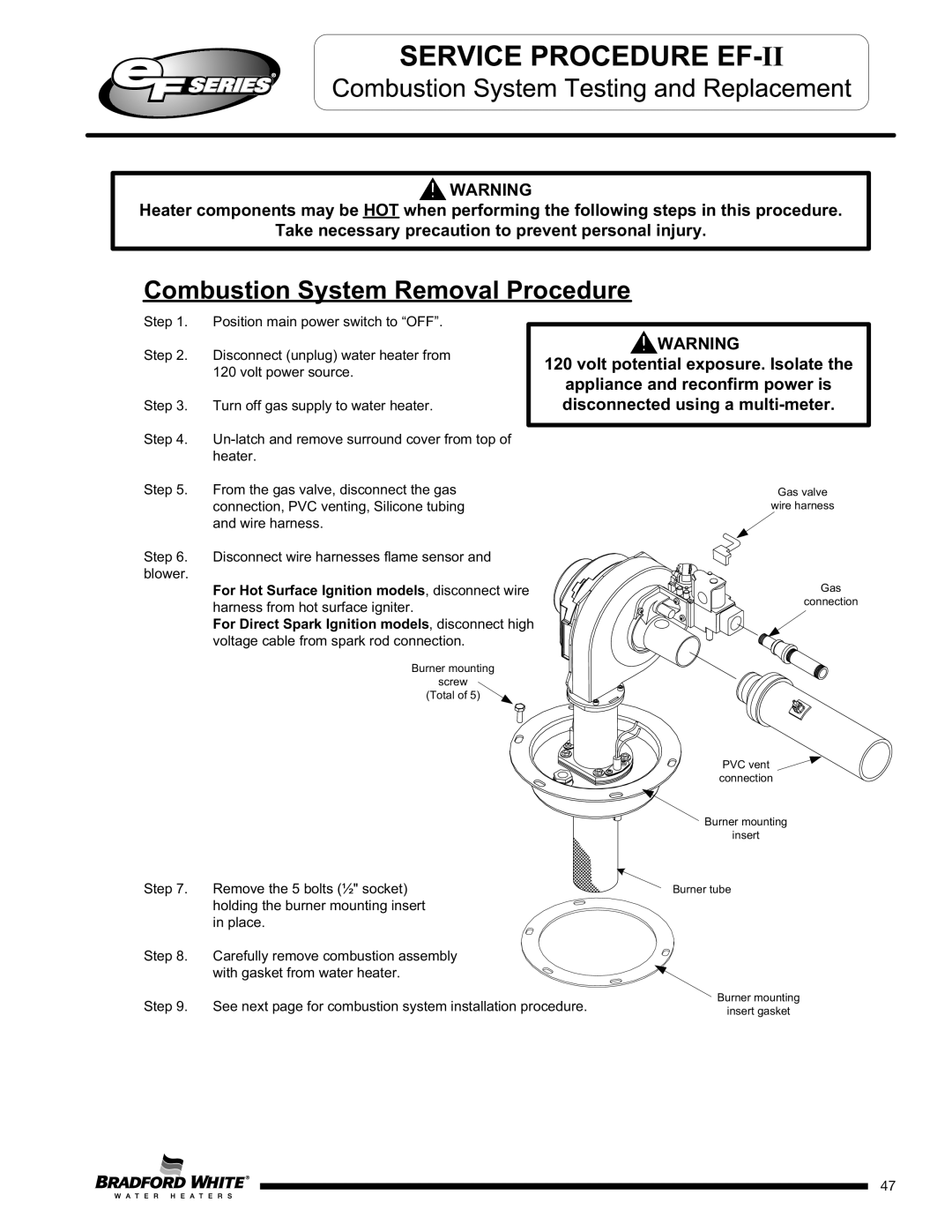 Bradford-White Corp EF60T150(E)*(N, X)(A)(2) Combustion System Removal Procedure, Gas valve Wire harness, Burner tube 