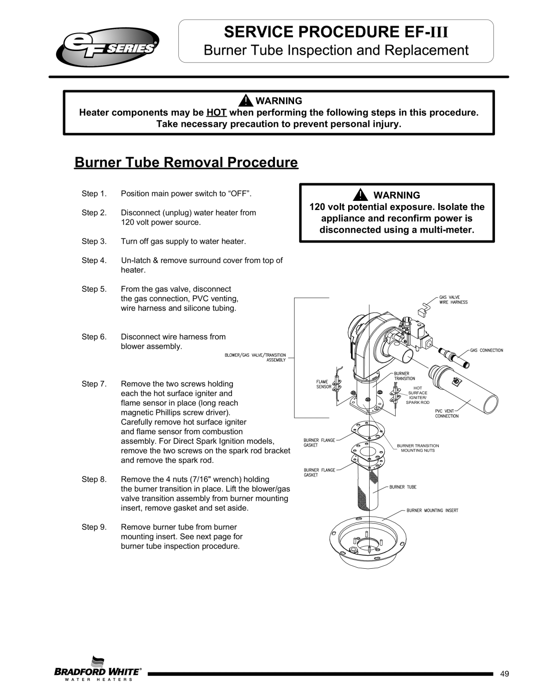 Bradford-White Corp EF100T399(E)*(N, X)(A)(2), EFR160T120*(EN, EF100T250(E)*(N, EF100T150(E)*(N Burner Tube Removal Procedure 