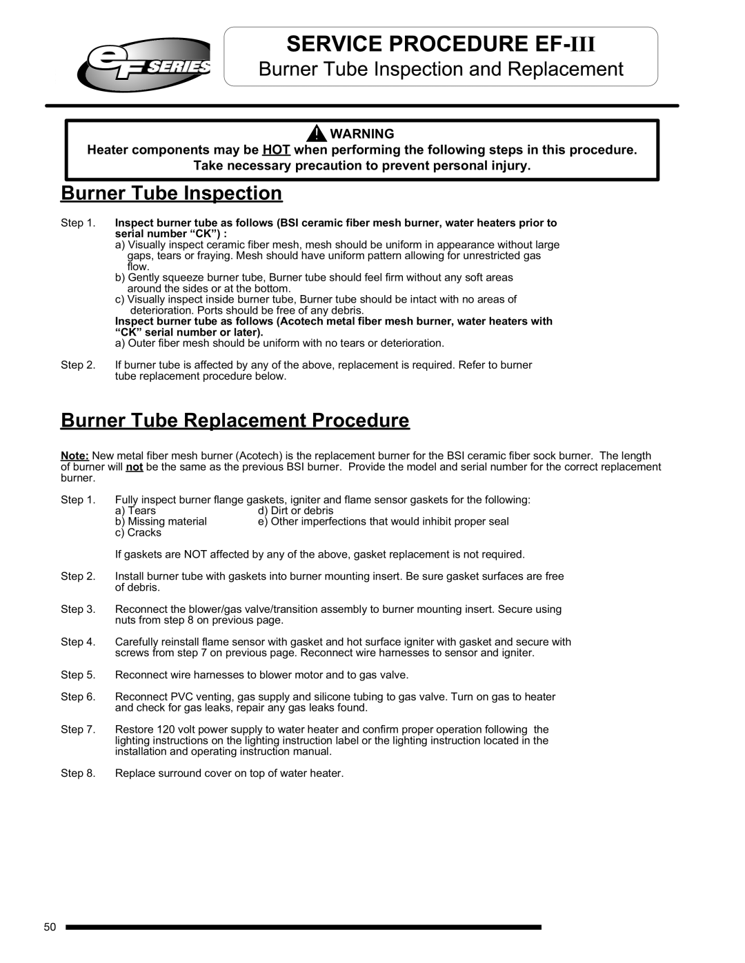Bradford-White Corp X)(A)(2), EFR160T120*(EN, EF100T250(E)*(N Burner Tube Inspection, Burner Tube Replacement Procedure 
