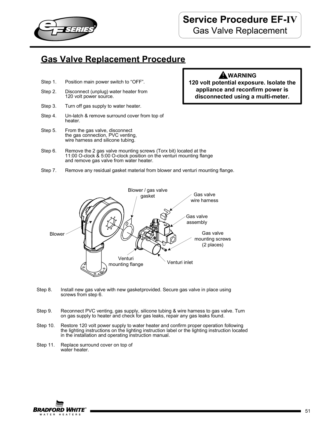 Bradford-White Corp EFR160T120*(EN, X)(A)(2), EF100T250(E)*(N, EF100T150(E)*(N service manual Gas Valve Replacement Procedure 