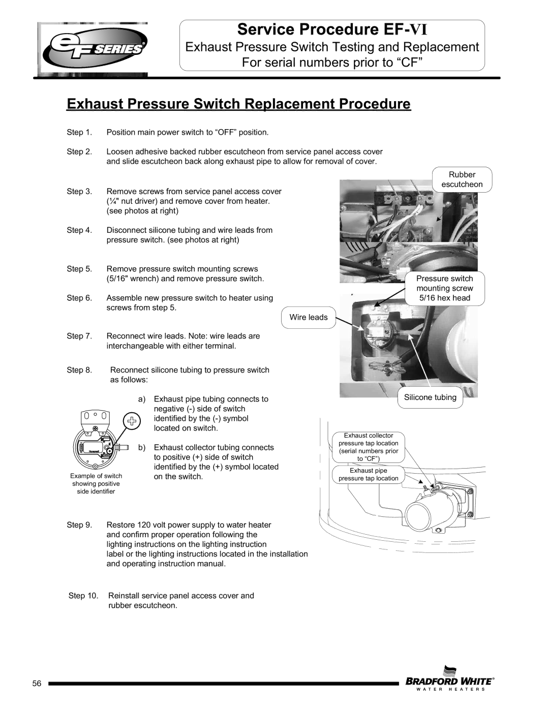 Bradford-White Corp EF60T199(E)*(N, X)(A)(2) service manual Exhaust Pressure Switch Replacement Procedure, Exhaust collector 