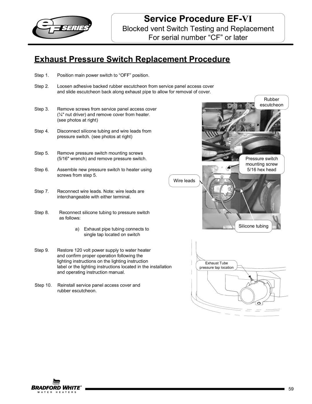 Bradford-White Corp EF100T399(E)*(N Exhaust Pressure Switch Replacement Procedure, Exhaust Tube Pressure tap location 