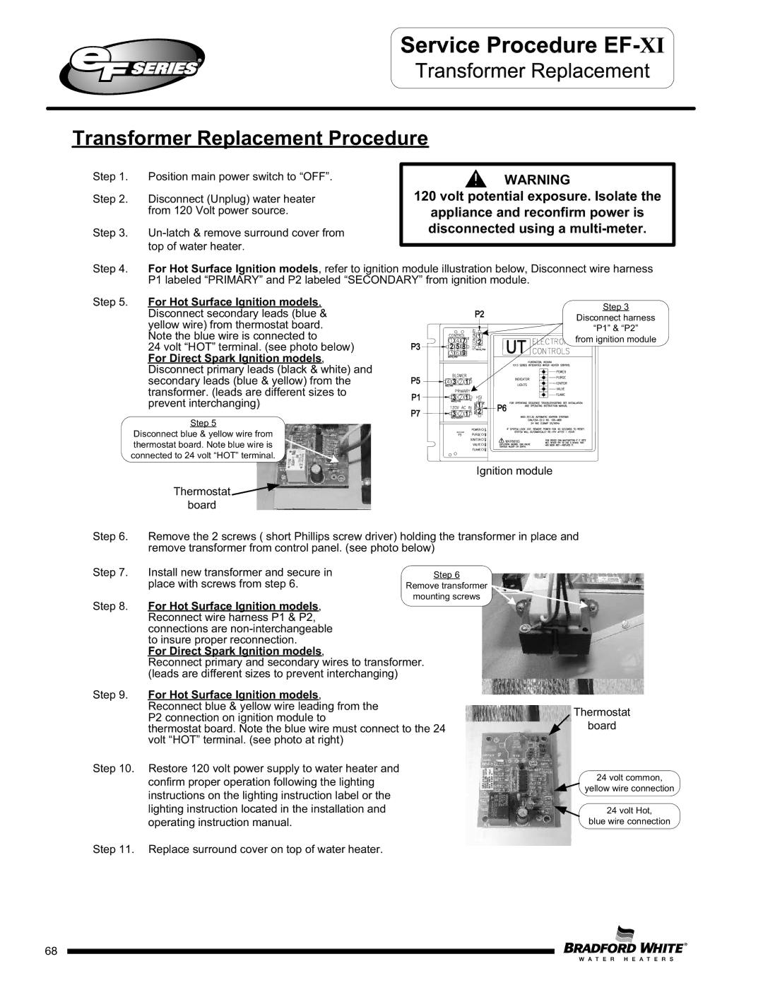 Bradford-White Corp EF60T125(E)*(N, X)(A)(2), EFR160T120*(EN, EF100T250(E)*(N Transformer Replacement Procedure, Step 