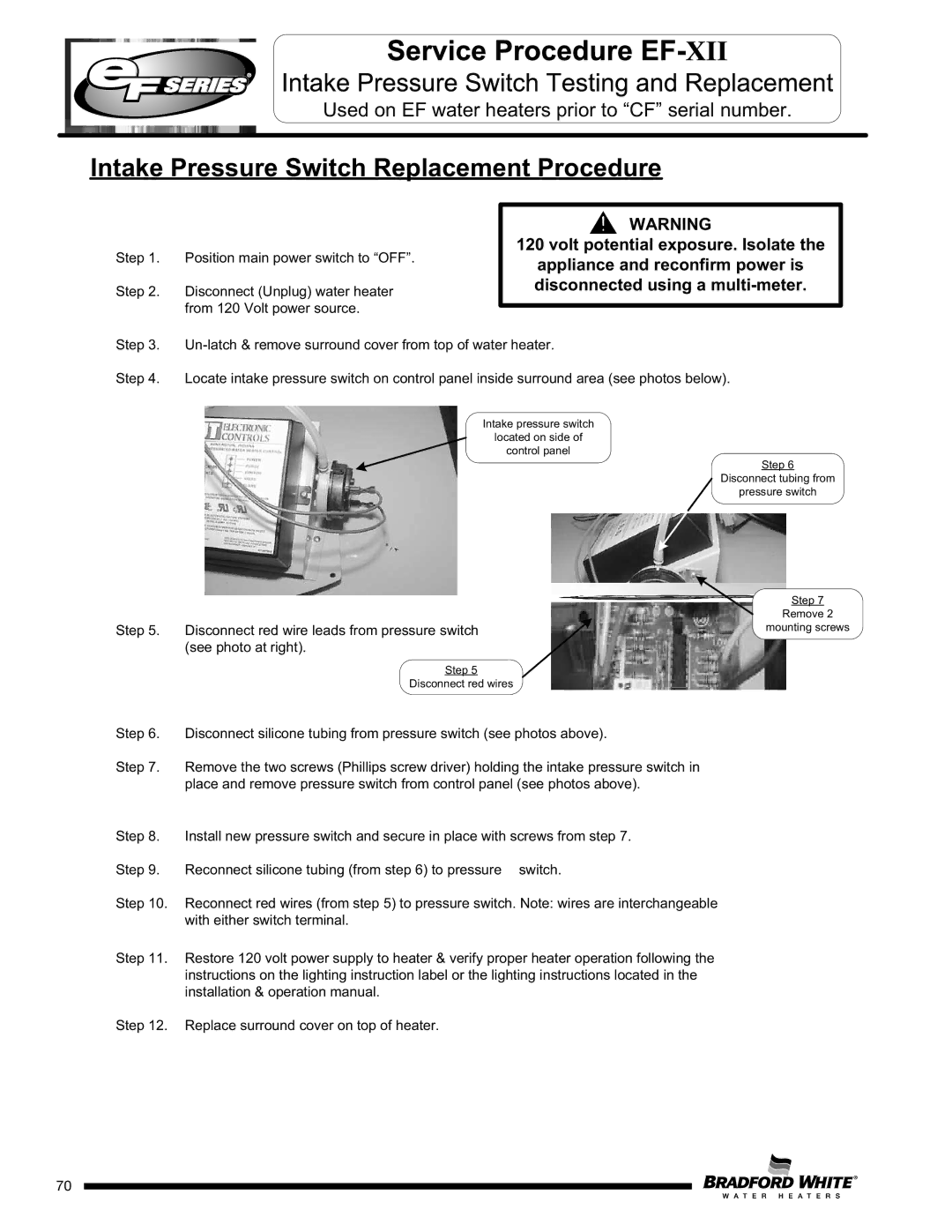 Bradford-White Corp X)(A)(2), EFR160T120*(EN Intake Pressure Switch Replacement Procedure, Step Disconnect red wires 