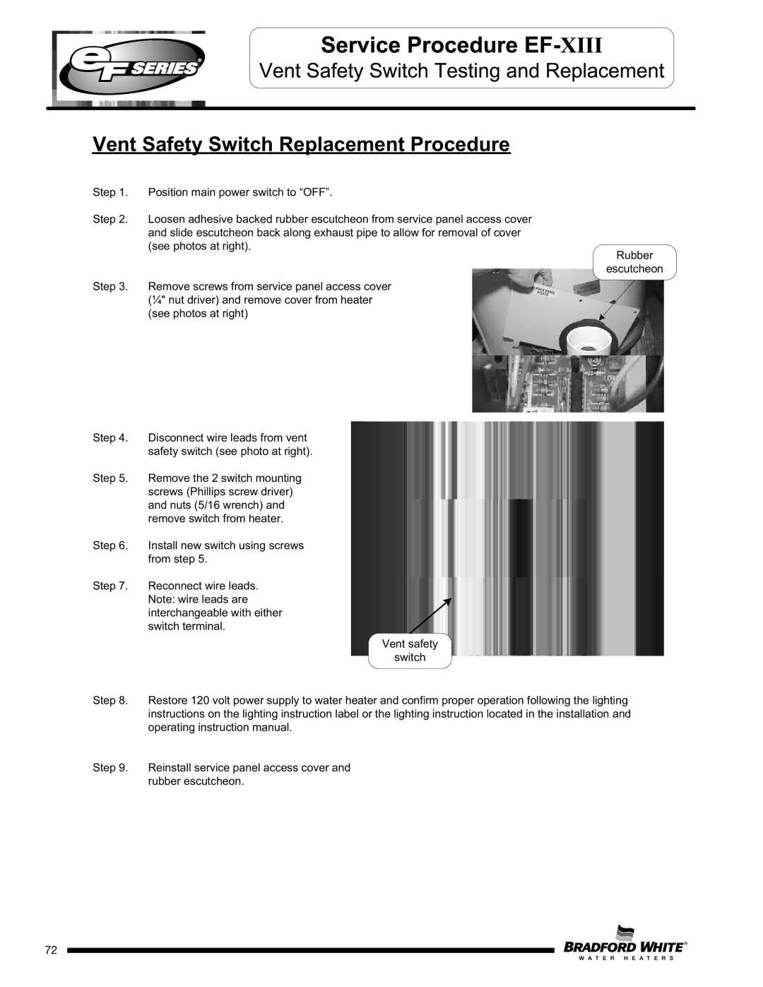 Bradford-White Corp EF100T250(E)*(N, X)(A)(2), EFR160T120*(EN, EF100T150(E)*(N Vent Safety Switch Replacement Procedure 