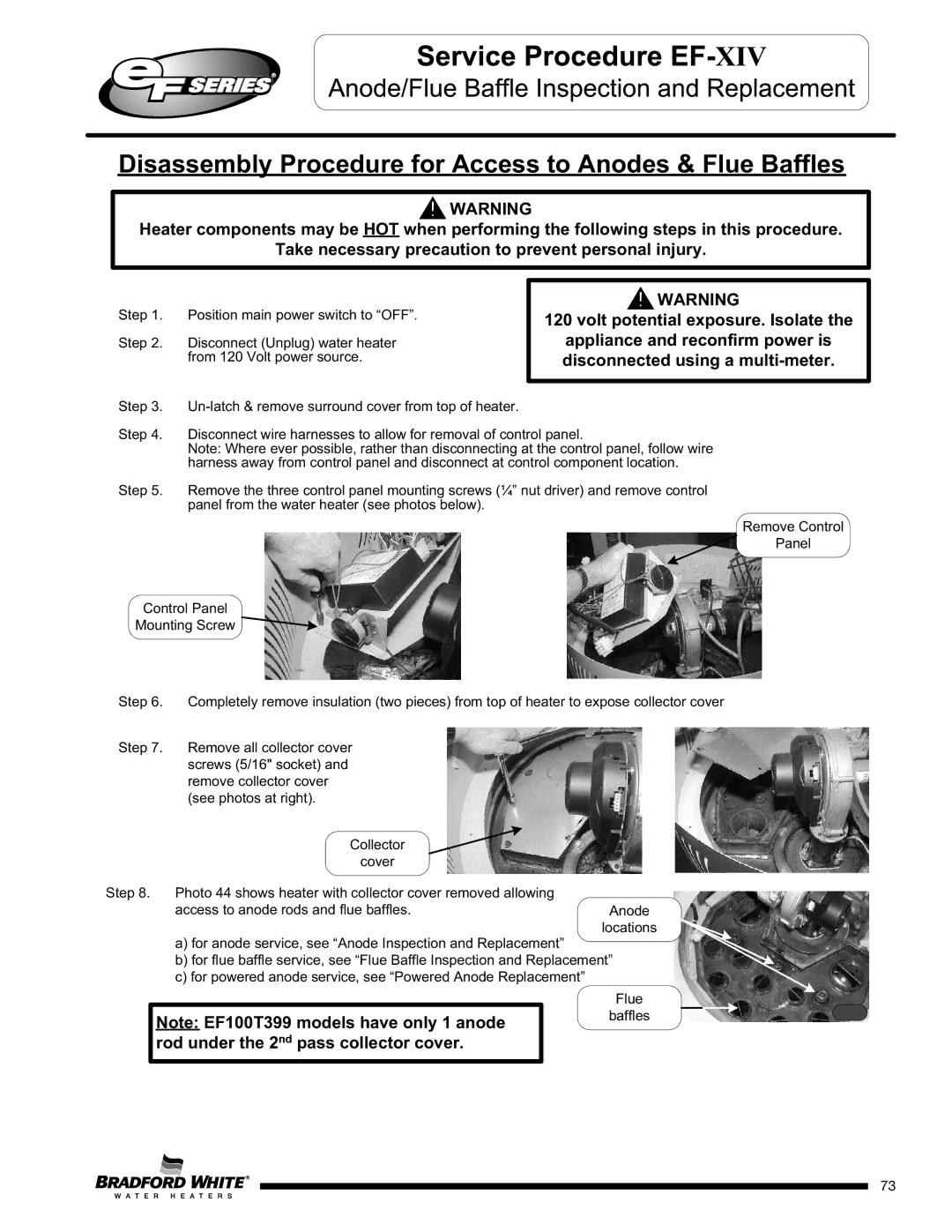 Bradford-White Corp EF100T150(E)*(N, X)(A)(2), EFR160T120*(EN Disassembly Procedure for Access to Anodes & Flue Baffles 