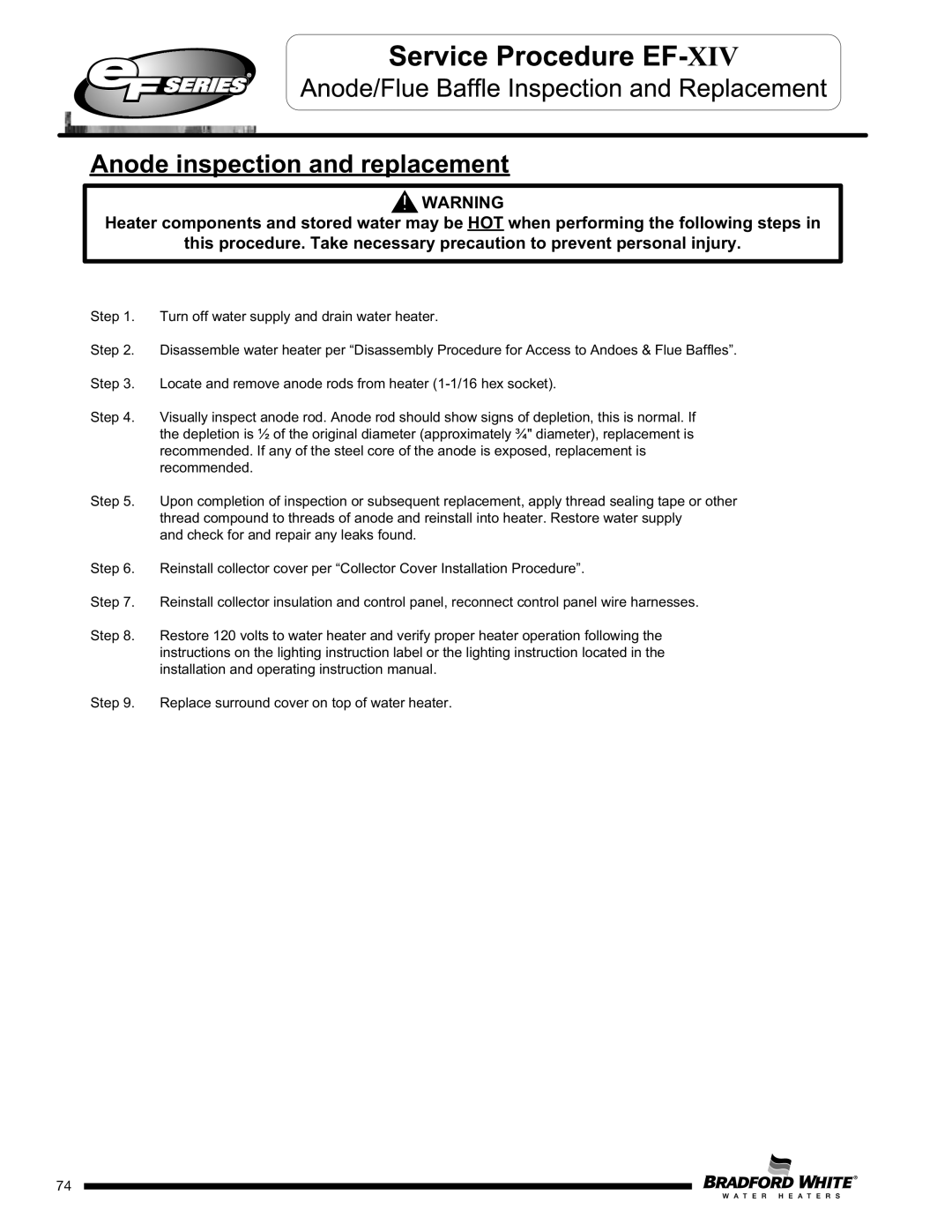 Bradford-White Corp EF100T199(E)*(N, X)(A)(2), EFR160T120*(EN, EF100T250(E)*(N service manual Anode inspection and replacement 