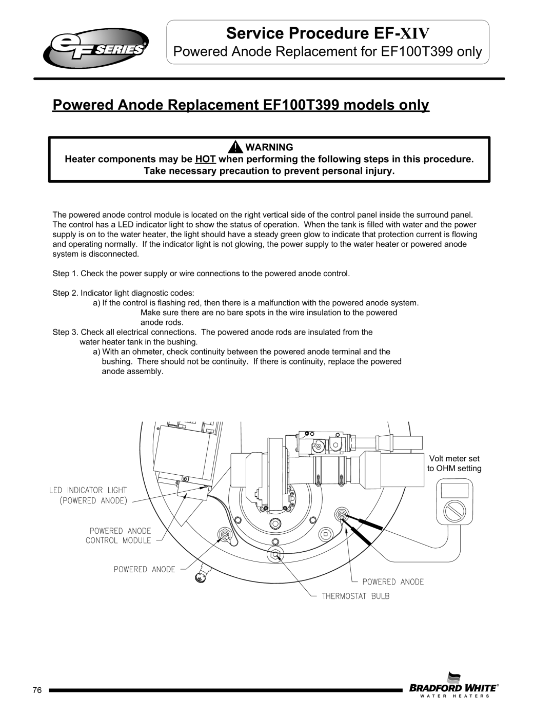 Bradford-White Corp EF60T199(E)*(N, X)(A)(2), EFR160T120*(EN, EF60T150(E)*(N Powered Anode Replacement EF100T399 models only 