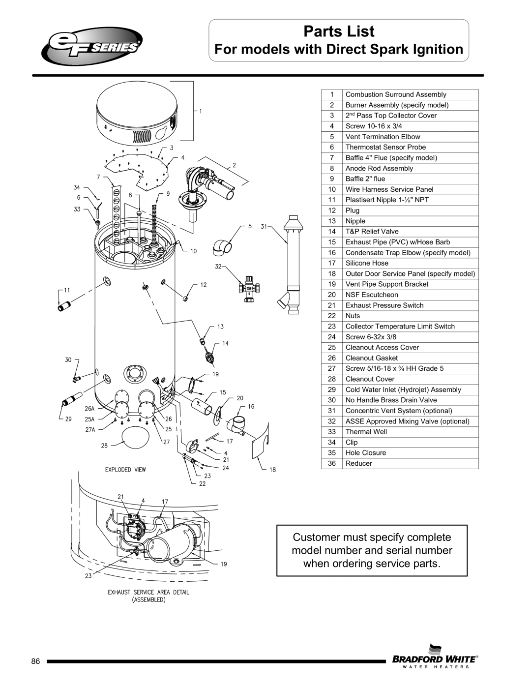 Bradford-White Corp EF60T199(E)*(N, X)(A)(2), EFR160T120*(EN, EF100T250(E)*(N For models with Direct Spark Ignition 