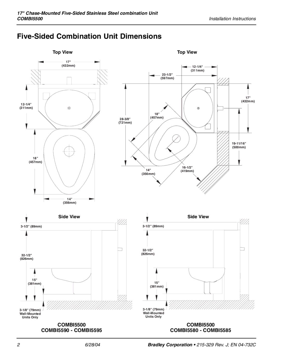 Bradley Brand Furniture COMBI5500 installation instructions Five-Sided Combination Unit Dimensions, Top View 