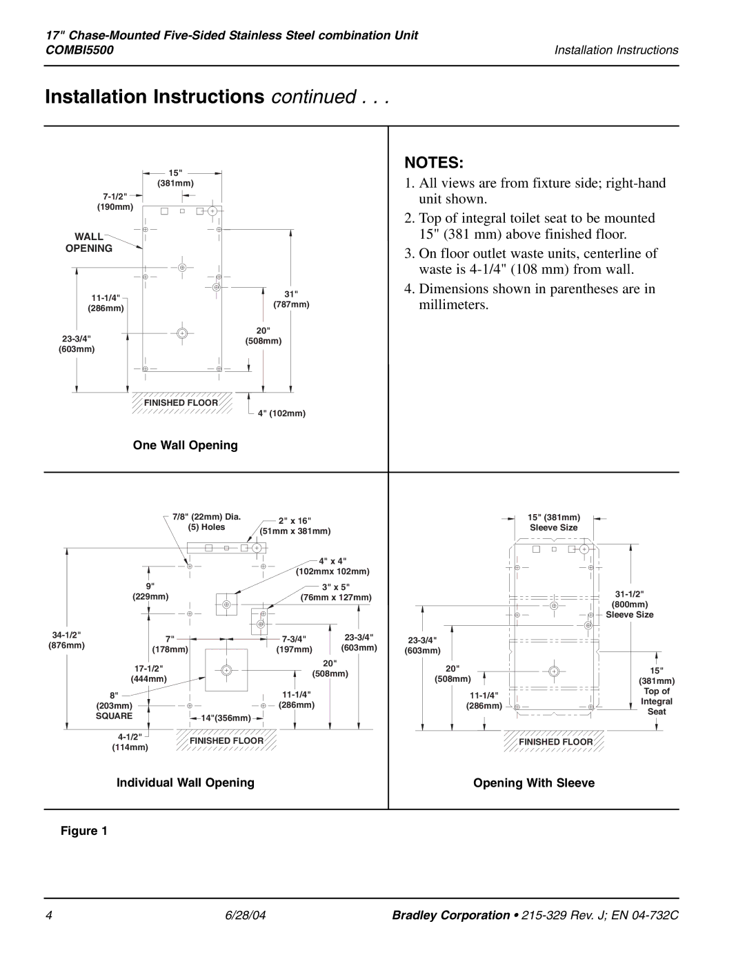 Bradley Brand Furniture COMBI5500 installation instructions One Wall Opening 