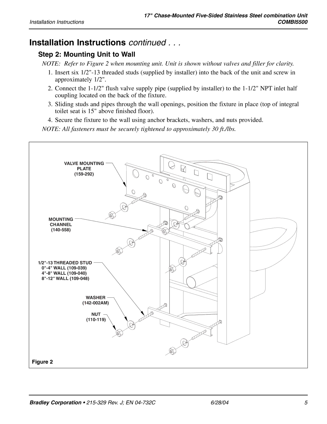 Bradley Brand Furniture COMBI5500 installation instructions Mounting Unit to Wall 