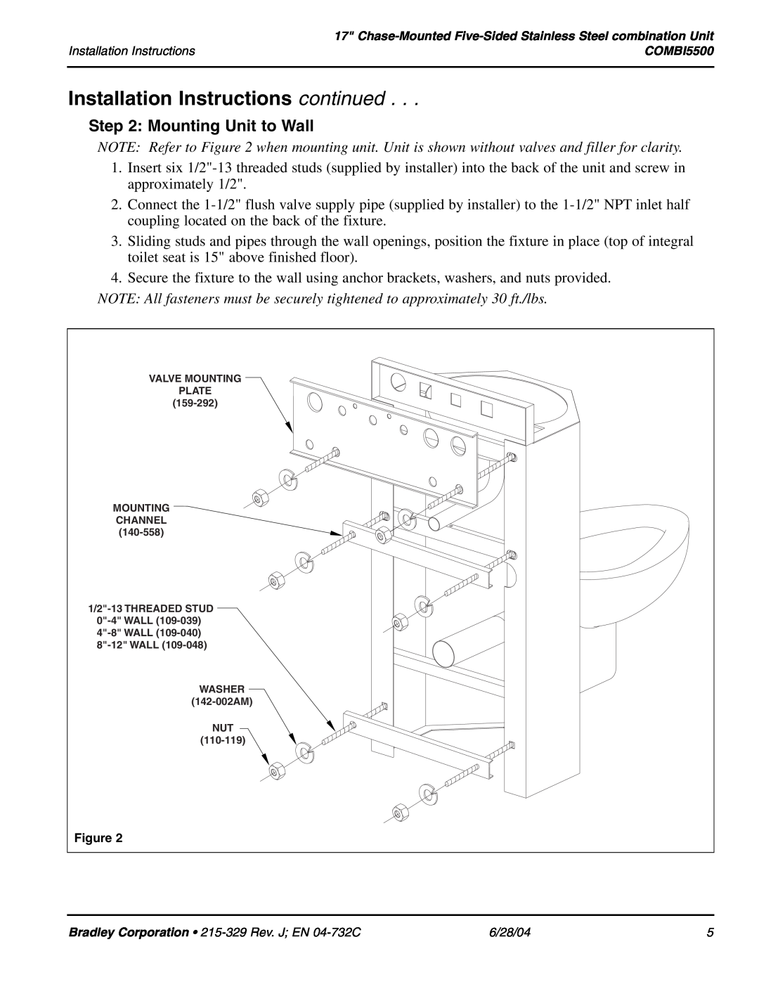 Bradley Brand Furniture COMBI5500 Mounting Unit to Wall, Installation Instructions continued, WASHER 142-002AM NUT 110-119 