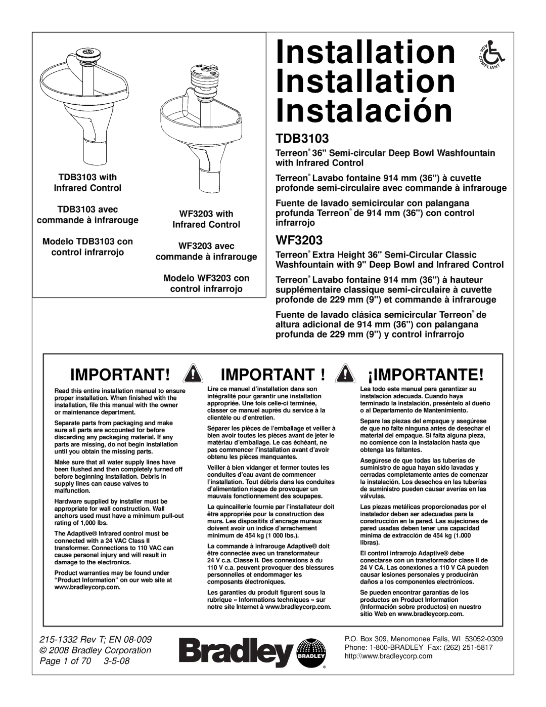 Bradley Brand Furniture WF3203, TBD3103 installation manual Installation Instalación, Commande à infrarouge 