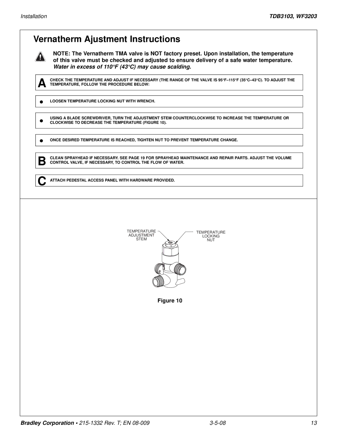 Bradley Brand Furniture WF3203, TBD3103 installation manual Vernatherm Ajustment Instructions 