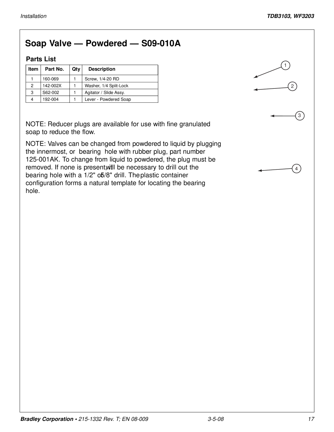 Bradley Brand Furniture WF3203, TBD3103 installation manual Soap Valve Powdered S09-010A, Parts List, Qty Description 