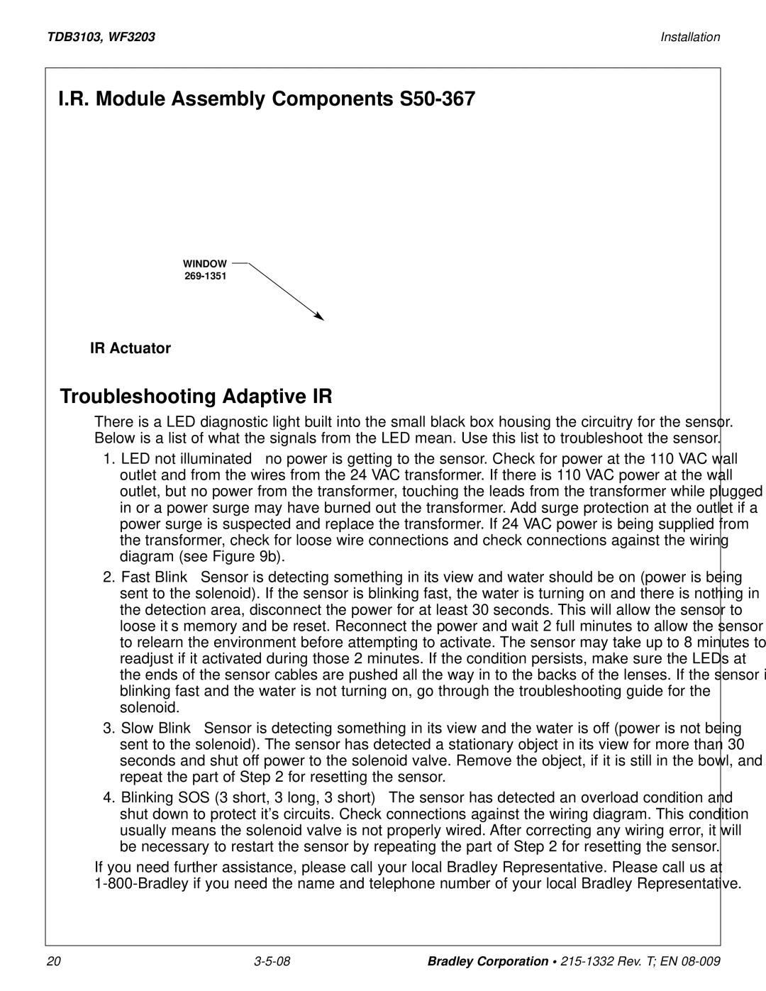 Bradley Brand Furniture TBD3103, WF3203 Module Assembly Components S50-367, Troubleshooting Adaptive IR, IR Actuator 