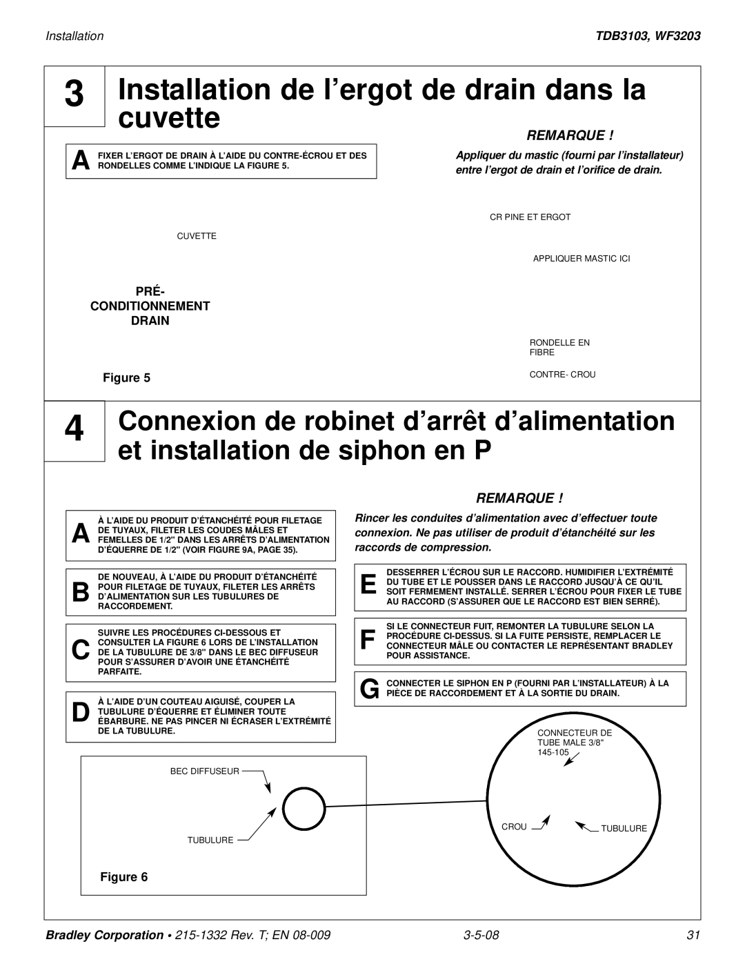 Bradley Brand Furniture WF3203, TBD3103 installation manual Installation de l’ergot de drain dans la, Cuvette 