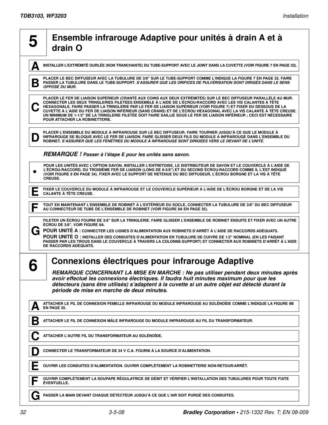 Bradley Brand Furniture TBD3103, WF3203 installation manual Connexions électriques pour infrarouge Adaptive, Opposé DU MUR 