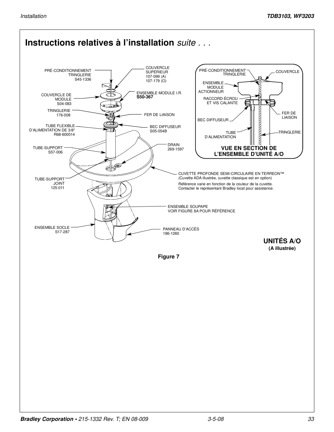 Bradley Brand Furniture WF3203, TBD3103 installation manual Instructions relatives à l’installation suite, Illustrée 