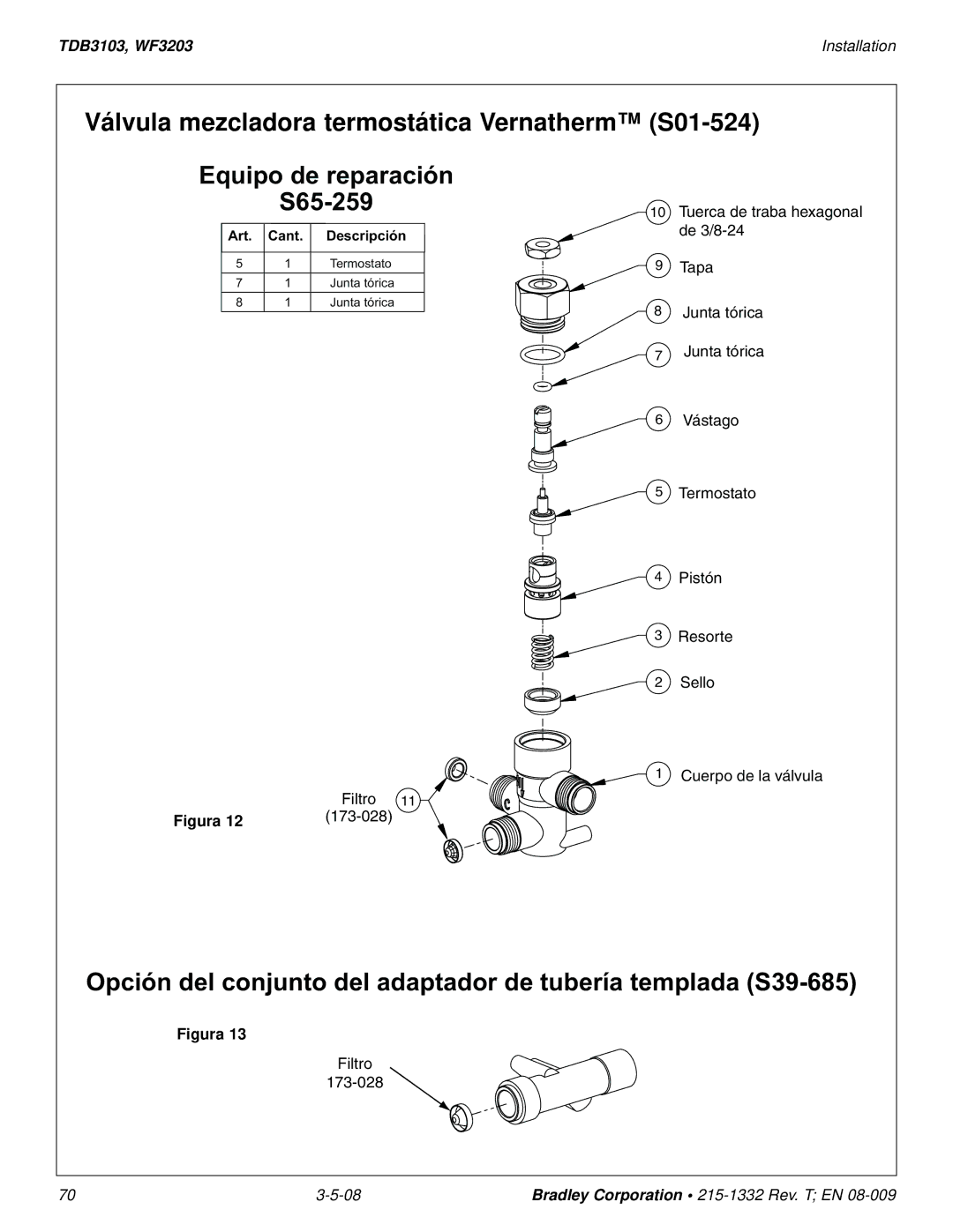 Bradley Brand Furniture TBD3103, WF3203 Válvula mezcladora termostática Vernatherm S01-524, Equipo de reparación S65-259 