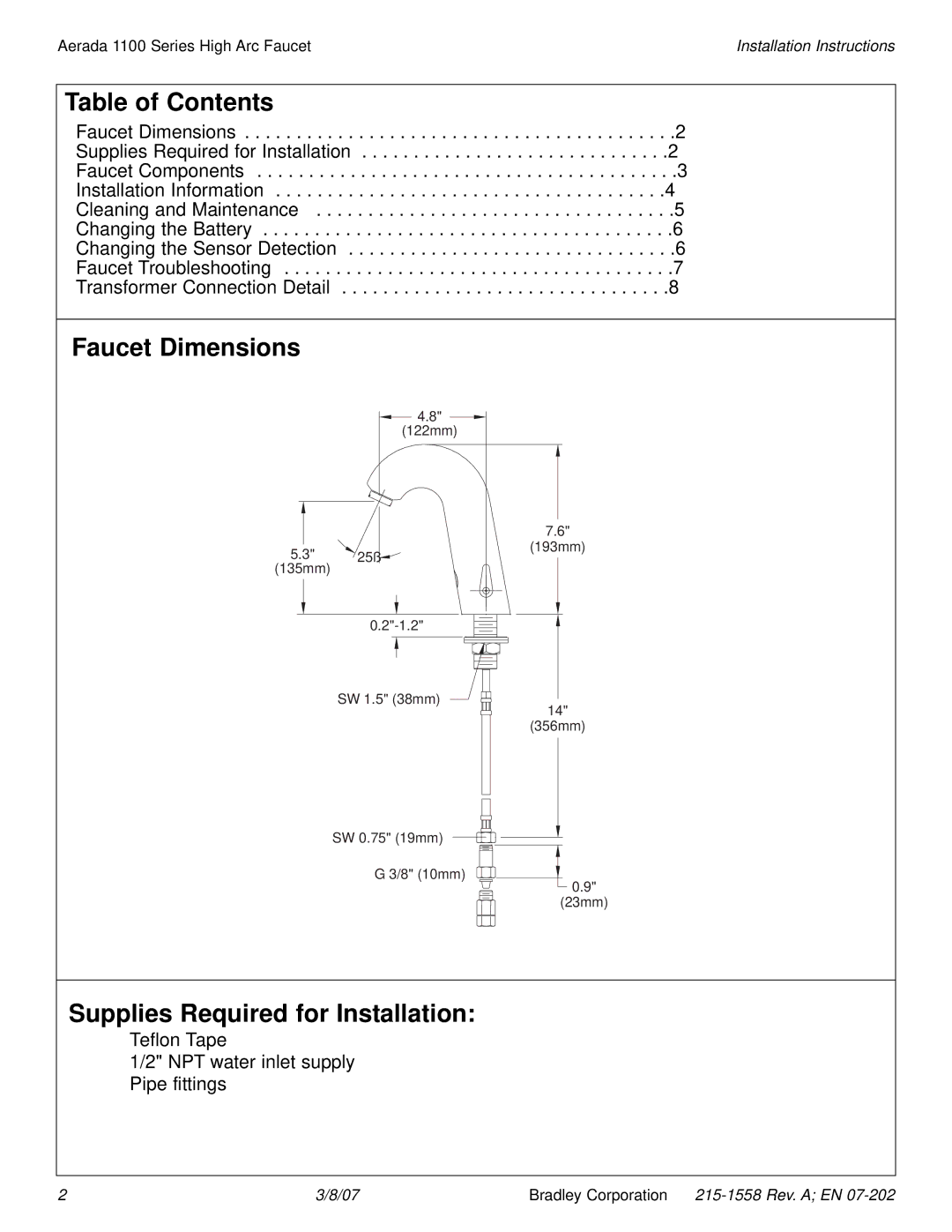 Bradley Smoker 1100 installation instructions Table of Contents, Faucet Dimensions, Supplies Required for Installation 