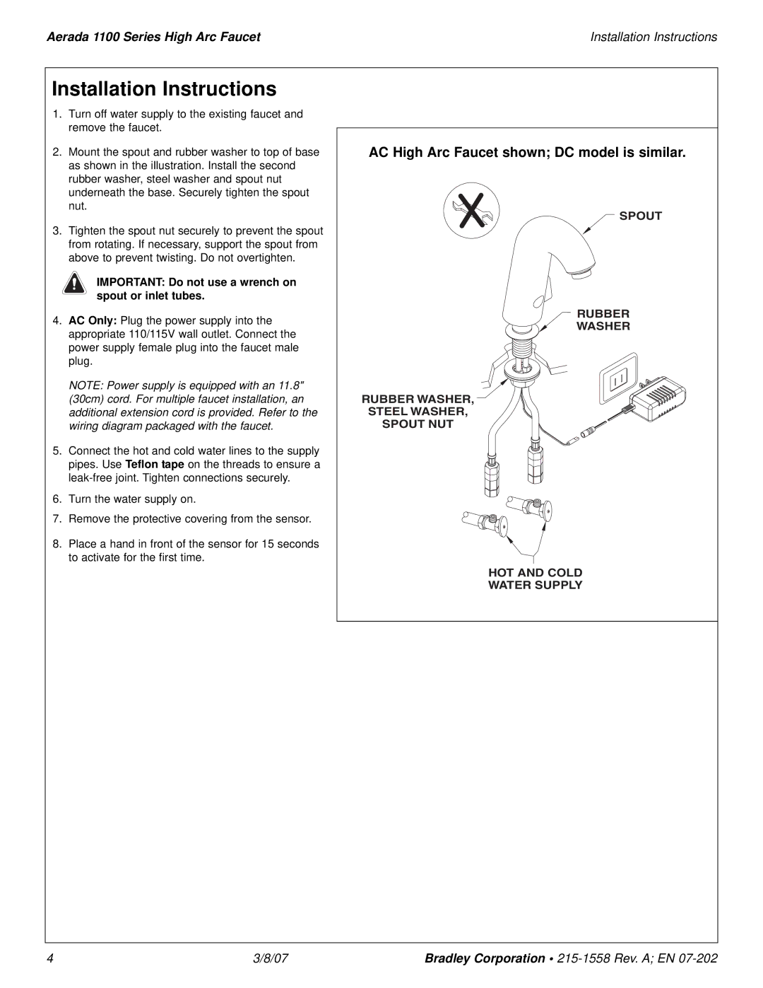 Bradley Smoker 1100 Installation Instructions, Important Do not use a wrench on spout or inlet tubes 