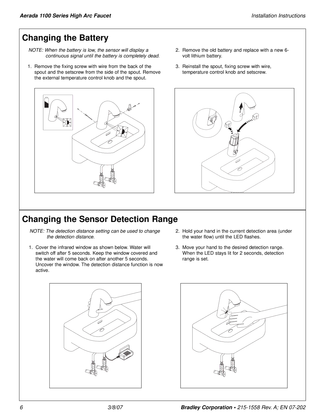 Bradley Smoker 1100 installation instructions Changing the Battery, Changing the Sensor Detection Range 