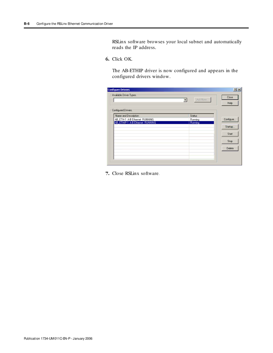 Bradley Smoker 1734-AENT manual 6Configure the RSLinx Ethernet Communication Driver 