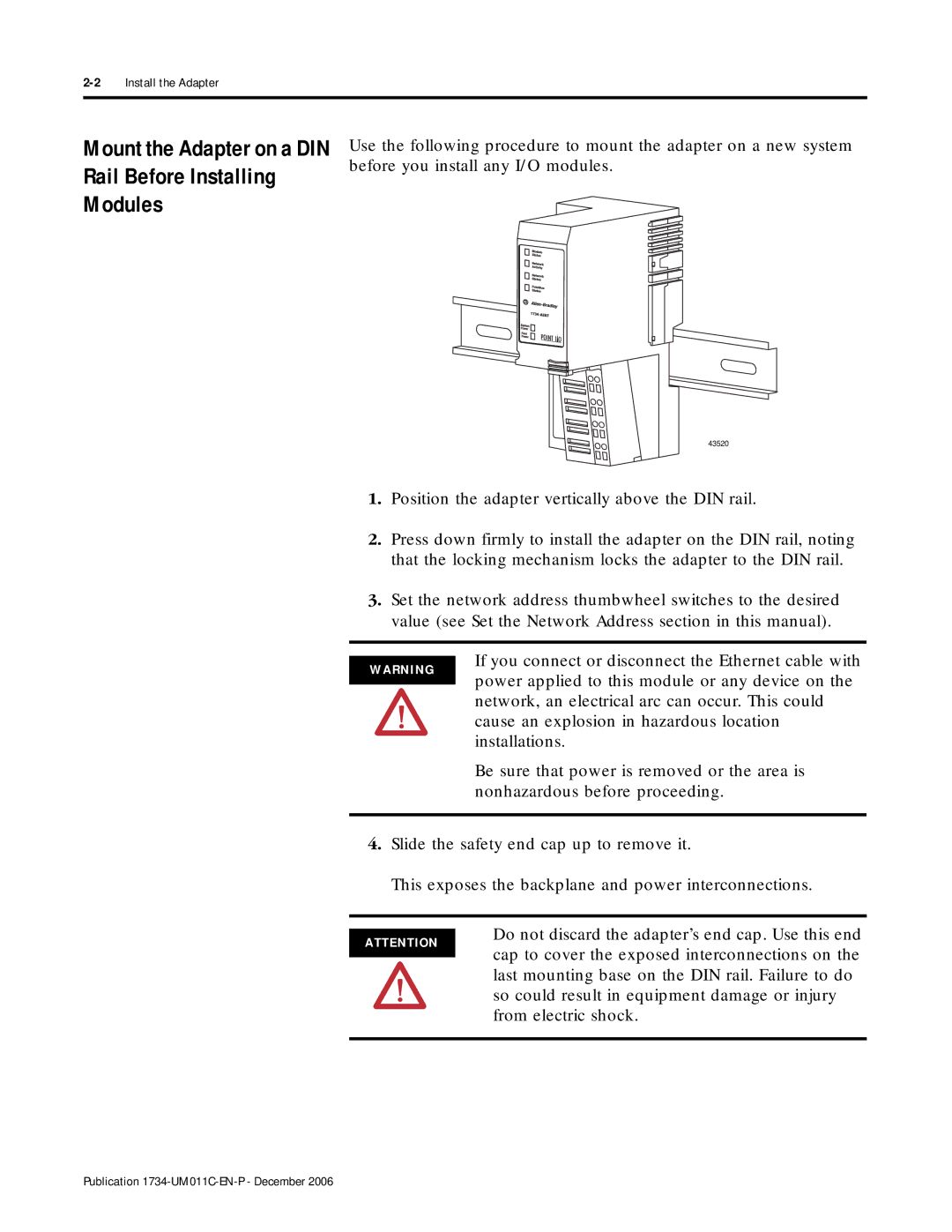 Bradley Smoker 1734-AENT manual Mount the Adapter on a DIN Rail Before Installing Modules 