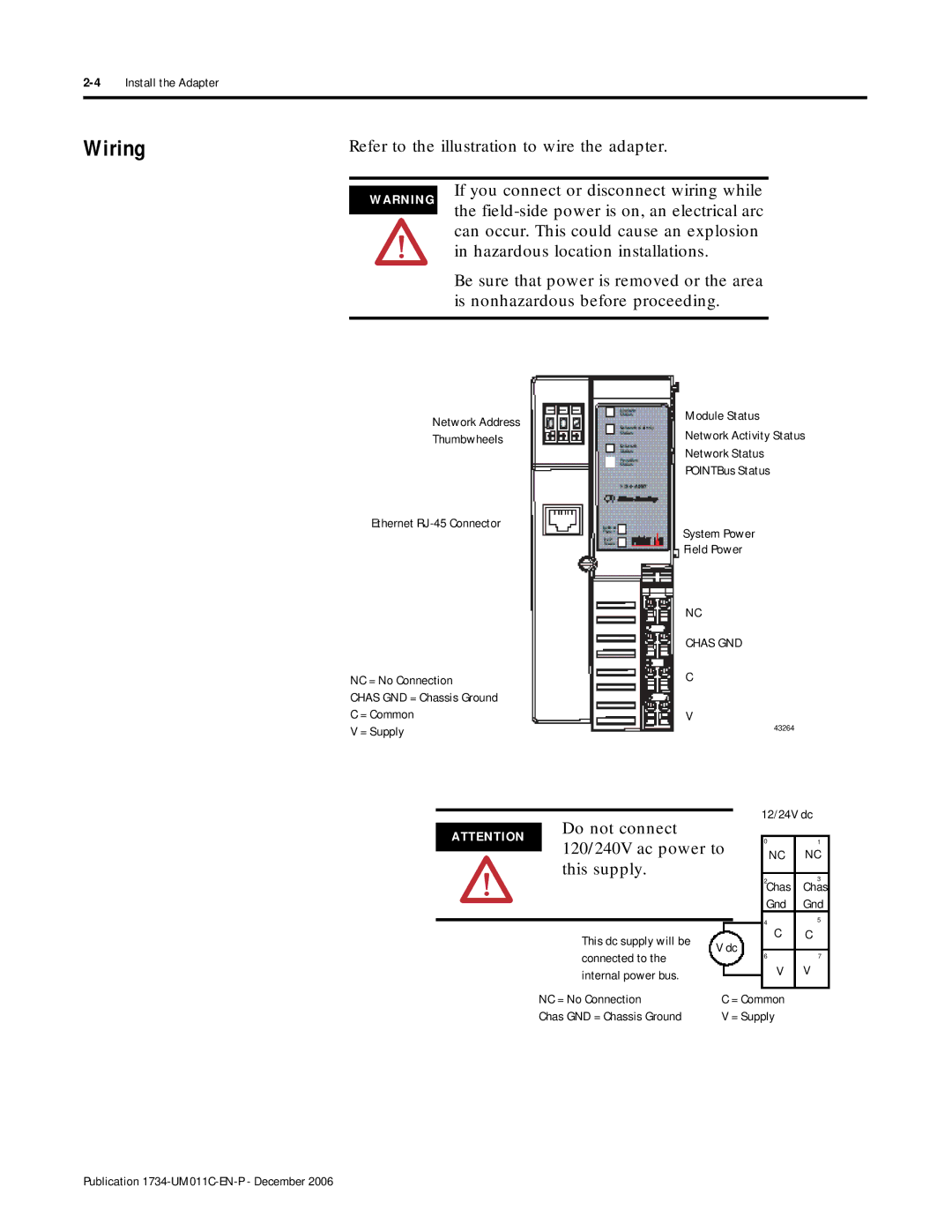 Bradley Smoker 1734-AENT manual Wiring, Do not connect 120/240V ac power to This supply 