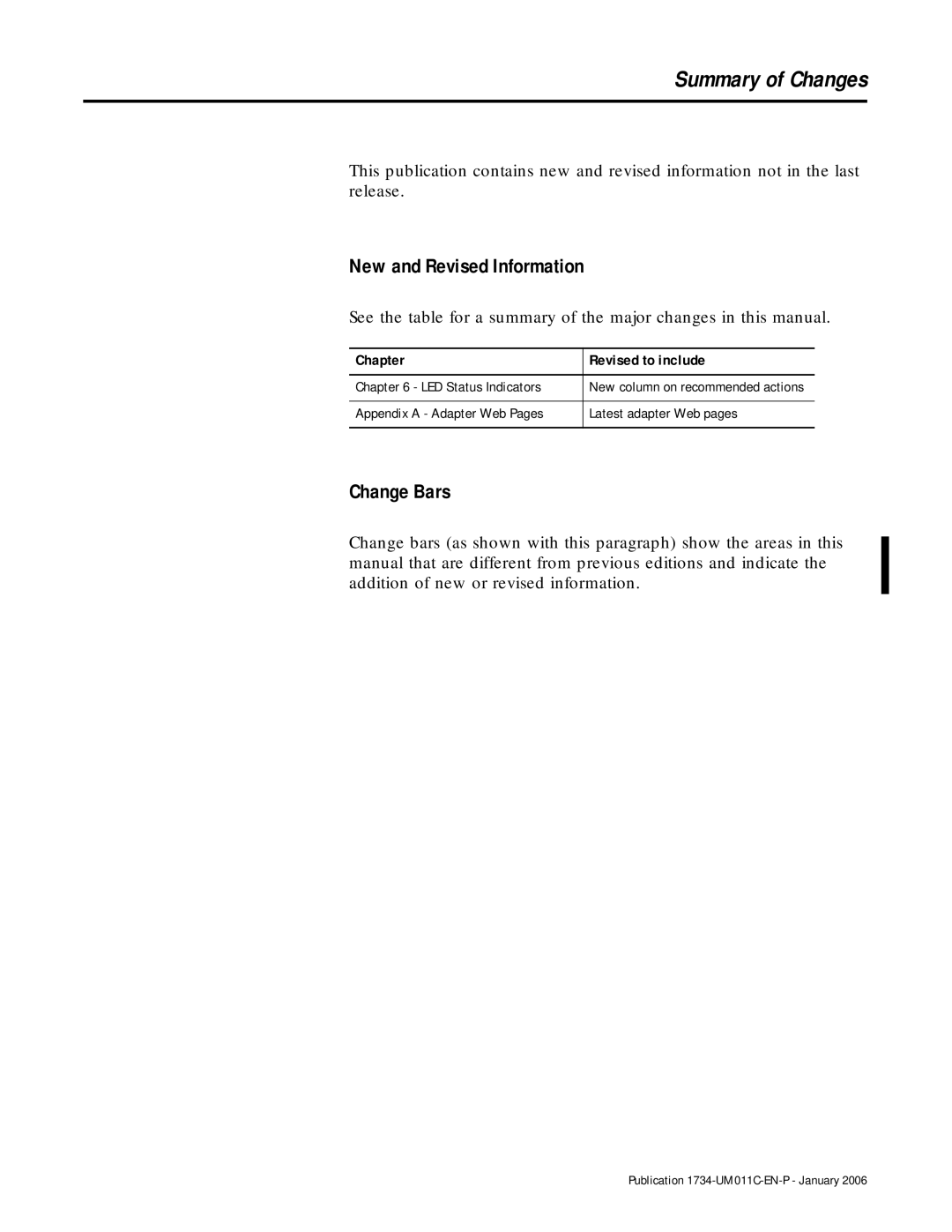 Bradley Smoker 1734-AENT manual New and Revised Information, Change Bars, Chapter Revised to include LED Status Indicators 