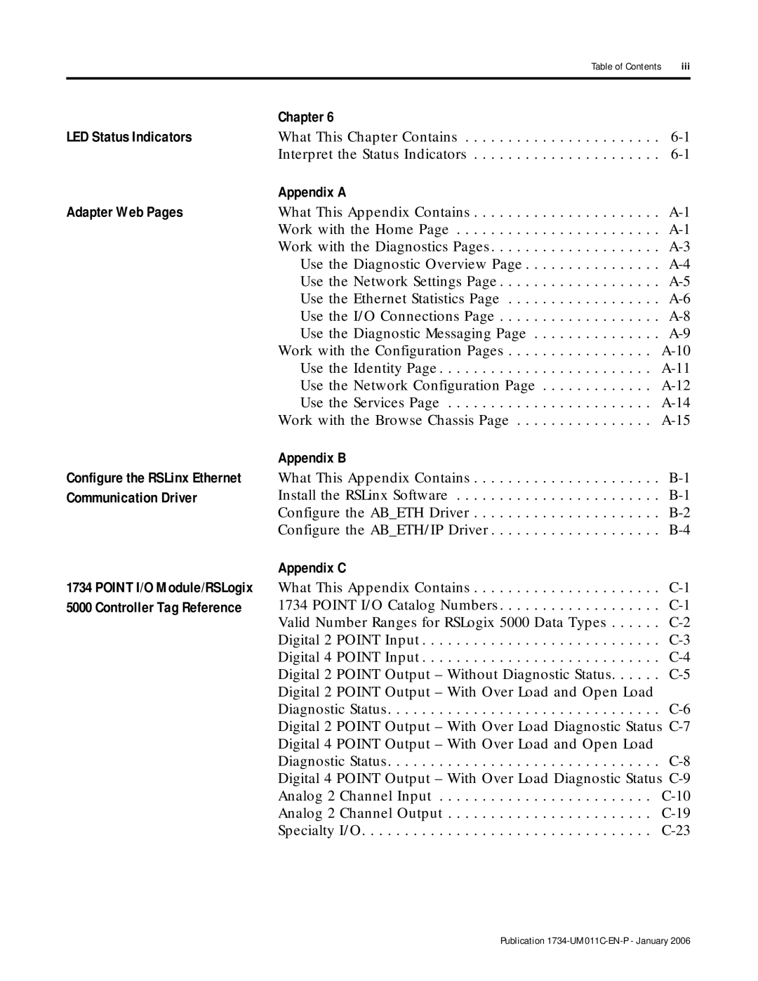 Bradley Smoker 1734-AENT Chapter LED Status Indicators, Appendix a Adapter Web Pages, Appendix B, Communication Driver 