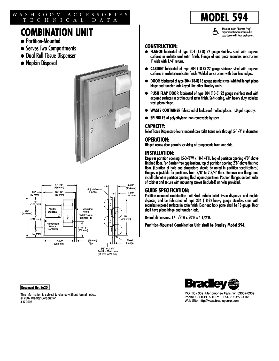 Bradley Smoker 594 dimensions Model, Combination Unit, Napkin Disposal, Construction, Capacity, Operation, Installation 