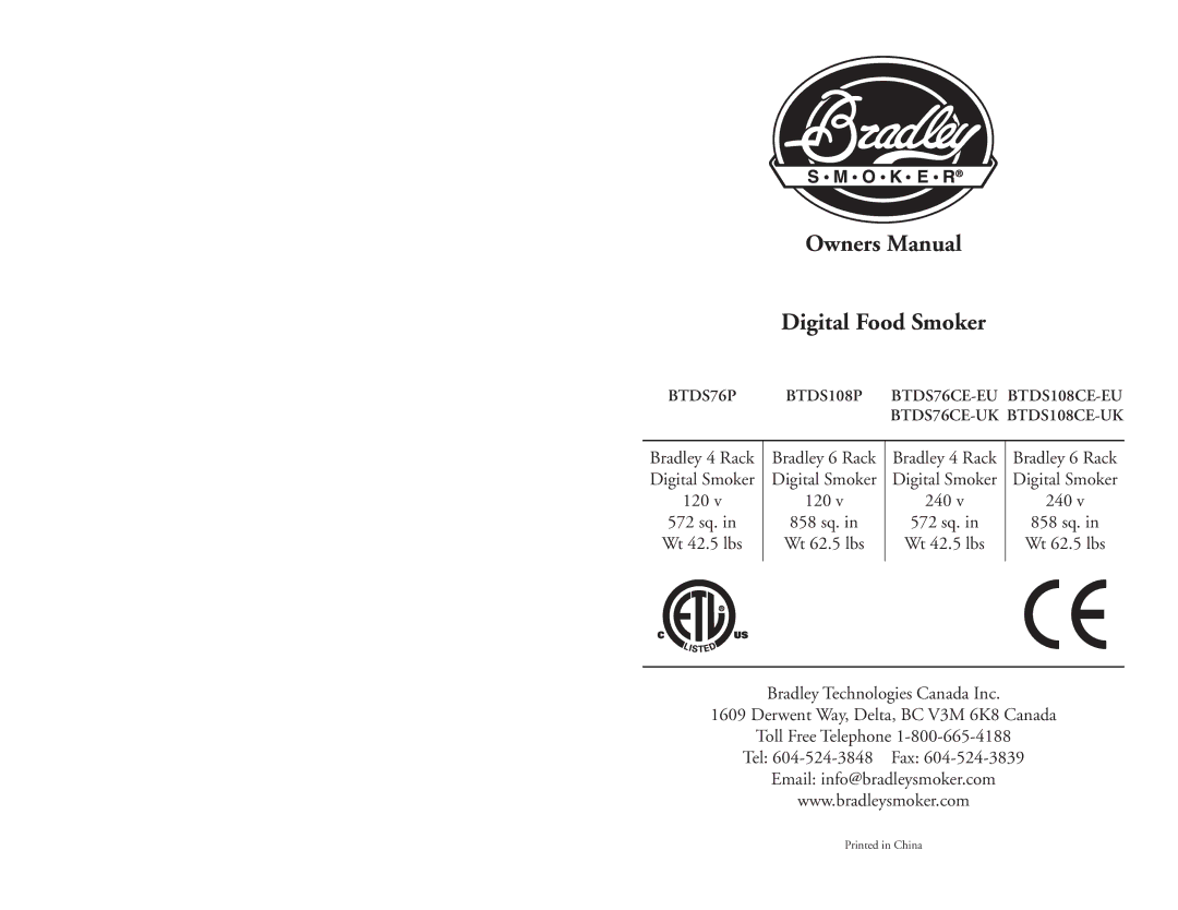 Bradley Smoker BTDS76CE-UK, BTDS76P, BTDS76CE-EU, BTDS108CE-EU, BTDS108P owner manual Digital Food Smoker, Bradley 6 Rack 