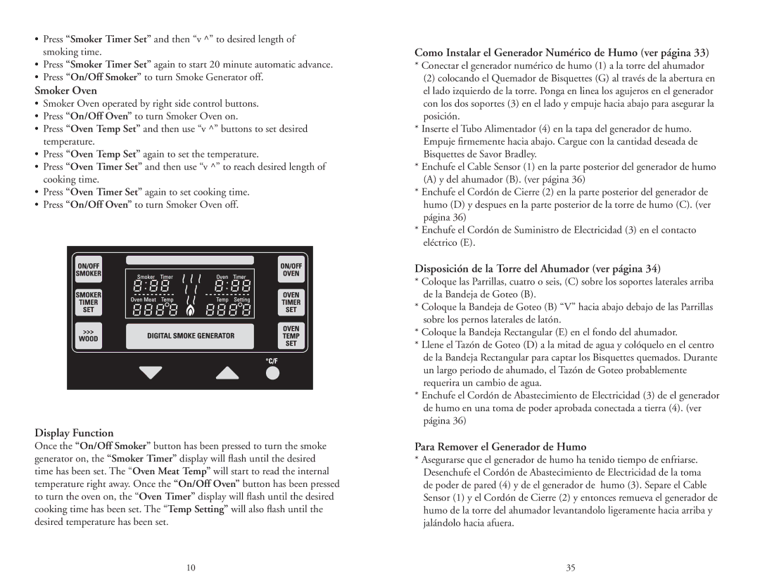 Bradley Smoker BTDS108P, BTDS76P Smoker Oven, Display Function, Como Instalar el Generador Numérico de Humo ver página 