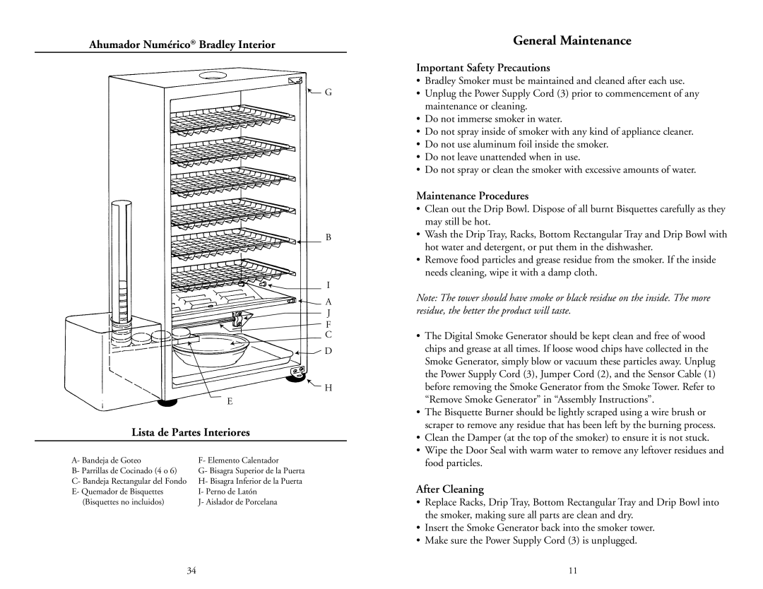 Bradley Smoker BTDS108CE-UK General Maintenance, Important Safety Precautions, Maintenance Procedures, After Cleaning 